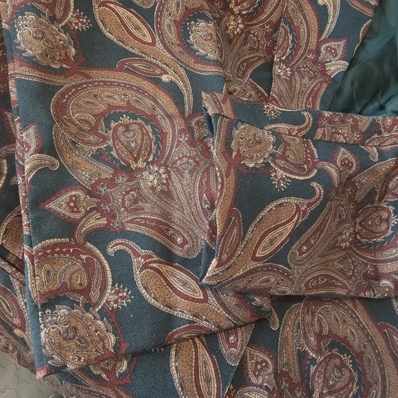 VTG 80s 90s Womens XL Dark‎ Green Maroon Paisley Evening Blazer One Button Thin - Picture 5 of 9